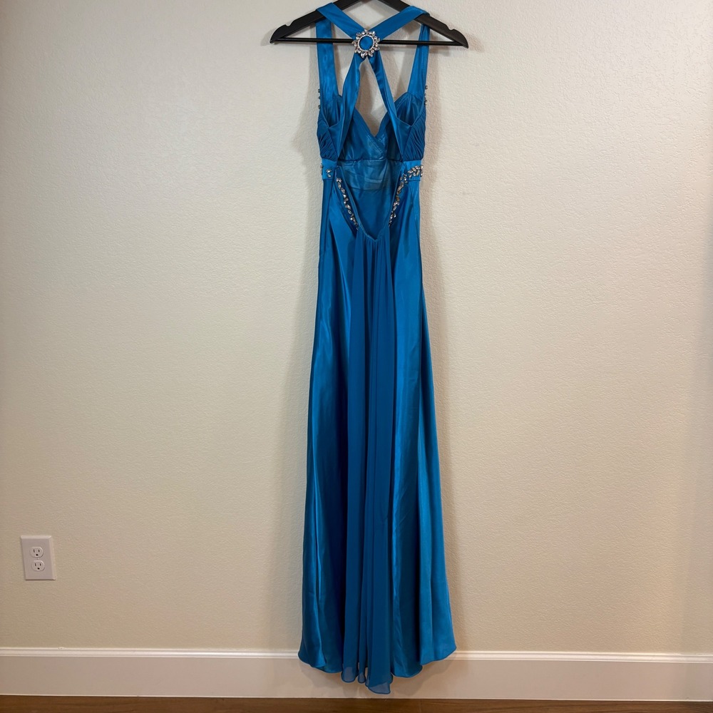Cache Formal Dress Women 2 Blue Vintage Y2K Rhinestone Satin Halter Gown Bling - Picture 4 of 9